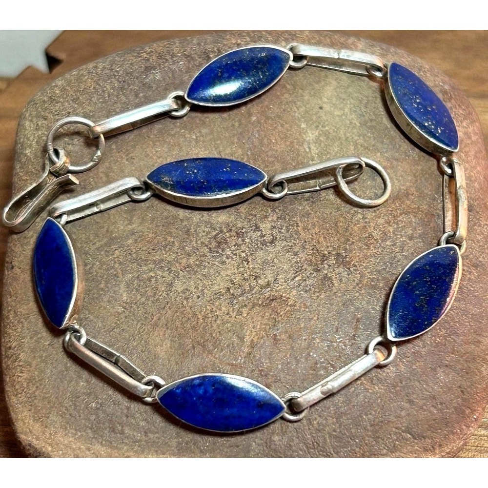 Vintage Inca Lapis Lazuli‎ Sterling Silver Bracelet